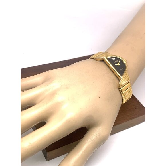 Elgin Women's Watch Vintage Half Moon Diamond Quartz Black Dial Gold Steel - Picture 4 of 14